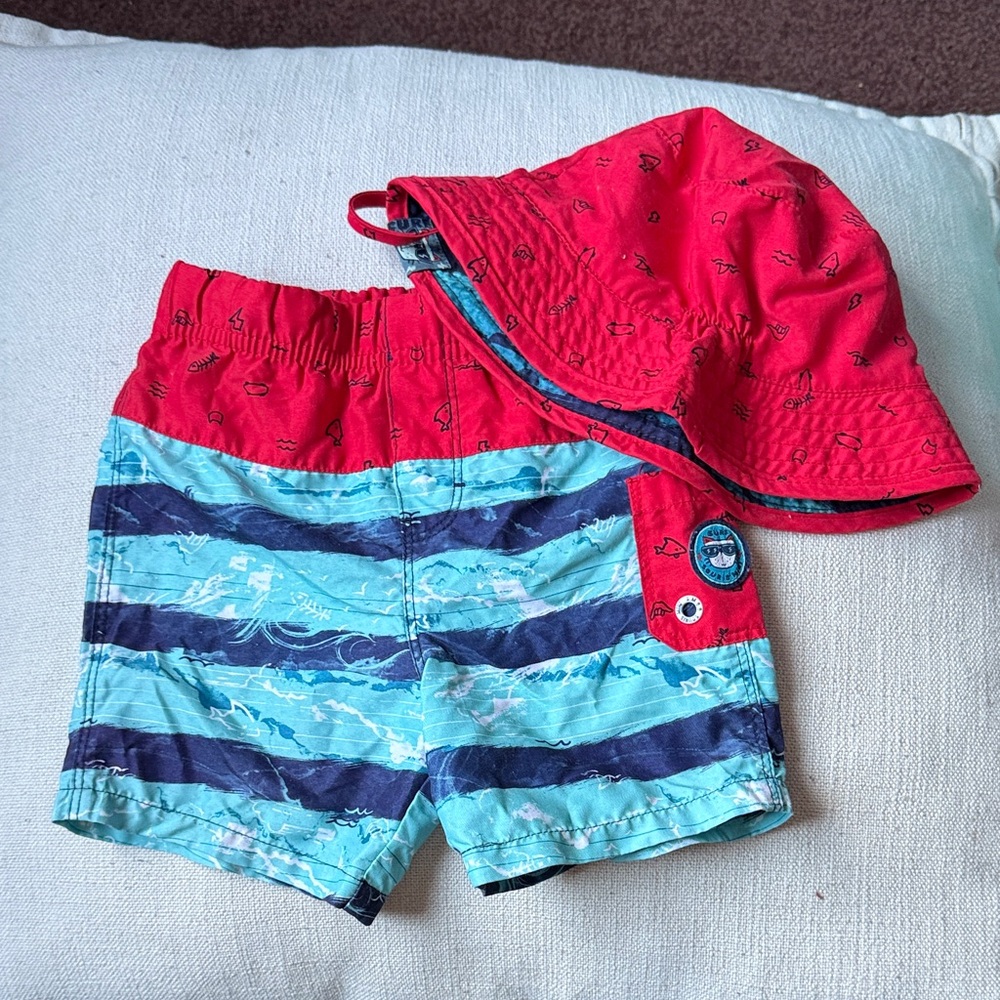 Kids Swim Trunks and reversible Hat Set - Red and Blue